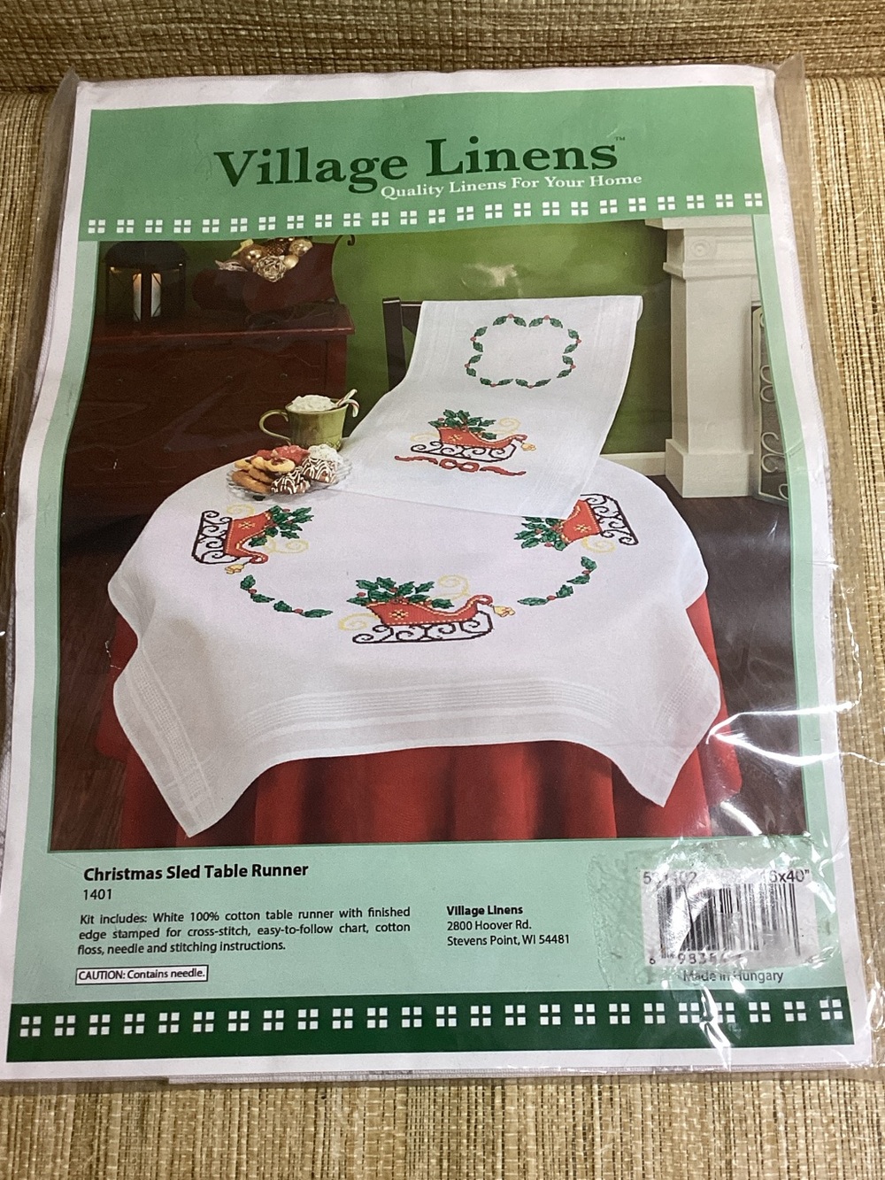 New Village Linens Embroidery Kit Christmas Sled Table Runner -